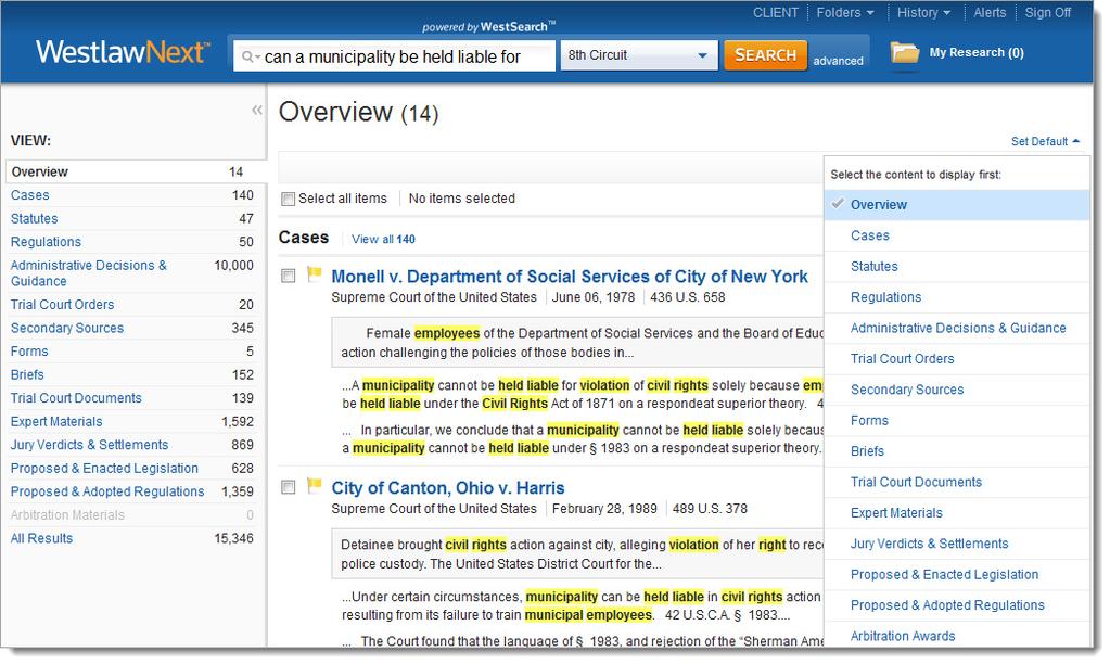Search Result Overview Page fter running a descriptive terms or oolean Terms and onnectors search, the search result Overview page is displayed, which lists the documents most relevant to your legal