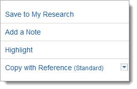 Research icons indicate whether you have already seen or saved this document. Related topics suggest additional areas to investigate. Plus you can highlight text and add notes to the document.