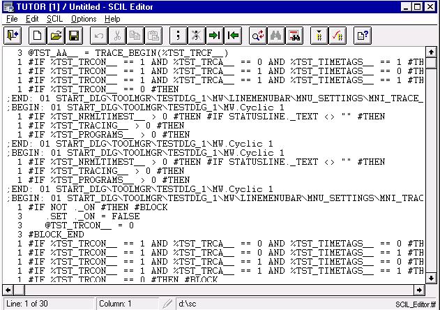 The Status Codes Dialog box Trace File command opens the trace file including the SCIL command lines recorded with the Trace On function in the Test Dialog.