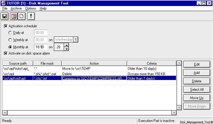1MRS751258-MUM 11 Disk Management Tool 11.2 Using Disk Management Tool 11.2.1 Main Dialog Box The Disk Management Tool is accessed by double-clicking the Disk Management icon in the Miscellaneous tab of the Tool Manager.