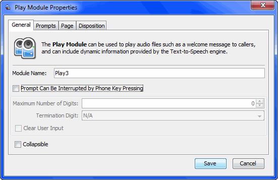 Chapter 18 Play Module The Play module enables you to play prompts and greetings anywhere in the script. For an example, see Creating an IVR Script and Using an Agent Extension in an IVR.