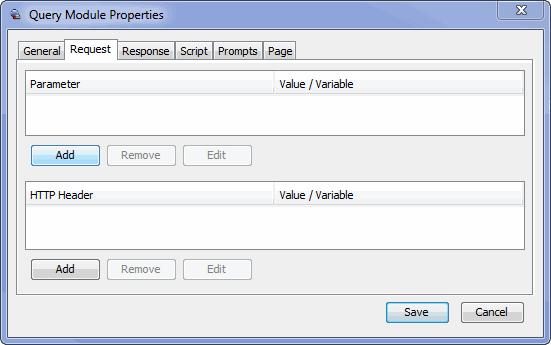 Query Module Properties Options URL-encoded GET or POST Description Contains a parameter area and an HTTP