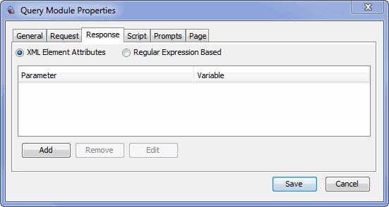 Response Tab XML Element Attributes The appearance of the Response tab depends on the type of results that you select: XML Element Attributes Regular Expression Based In all cases, you add returned