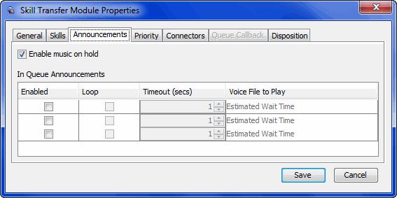 Skill Transfer Module Options Description Recorded greeting or custom prompt that is played until one of these events occur: Agent answers. Call queue timeout expires.