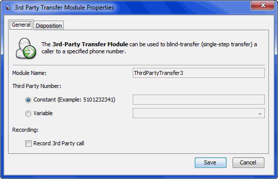 Chapter 24 Third-Party Transfer Module The Third-Party Transfer module enables you to transfer a call to a phone number outside your VCC.