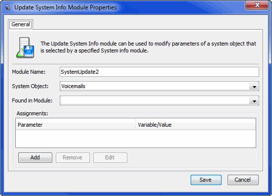 Chapter 25 Update System Info Module The Update System Info module updates the currently selected system object.