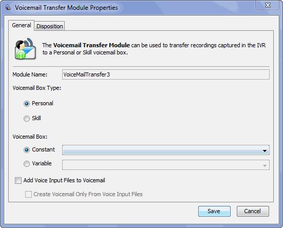 Chapter 27 Voicemail Transfer Module The VoiceMail Transfer module enables you to transfer recordings captured with an IVR to a personal or skill group voice mailbox.
