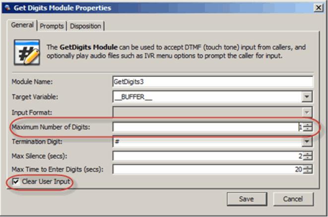 2 Connect the Play and Get Digits module by using the right connector. 3 Double-click the Get Digits module.