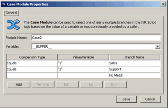 IVR Examples Creating an IVR Loop Adding and Configuring the Case Module Configure the Case module with branches based on the caller s input.