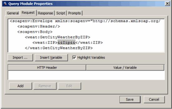 2 Paste the XML code into the Request tab of the Query Module and embed variables from IVR.