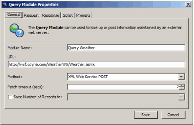 Query Module 1 In the General tab of the Query Module Properties window, enter the URL of the SOAP Web service