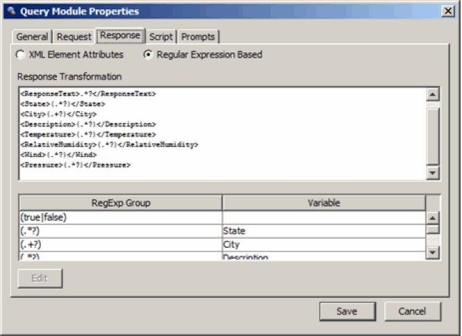 The Response Transformation area allows an input of Embedded Regular Expressions that can be mapped to IVR variables in the RegExp Group area.