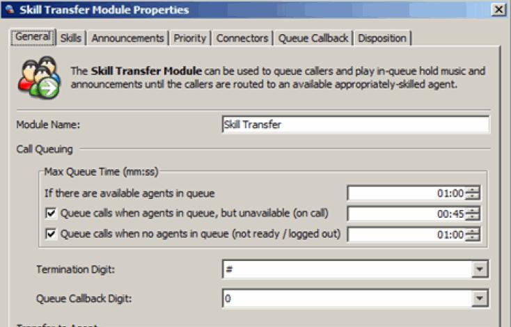 IVR Examples Creating an IVR Script with Queue Callback Skill Transfer Module 1 In the Queue Callback Digit list, select the Queue Callback Digit other than N/A. In our case, 0 was selected.