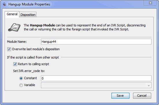 IVR Examples Creating an IVR Script for Call Recipients to Opt Out of Telemarketing Calls Hangup Modules Configure the Hangup module in the main workspace and the module in the lower pane in the same