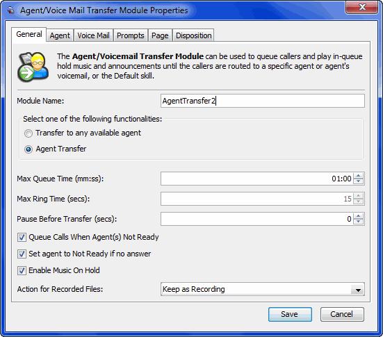 Chapter 5 Agent/Voice Mail Transfer Module The Agent/Voice Mail Transfer module is a termination module that enables you to transfer calls to agents or to voicemail.