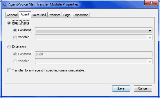 Agent/Voice Mail Transfer Module Options Queue Calls When Agent(s) Not Ready Set Agent to Not Ready If No Answer Enable Music On Hold Action for Recorded Files Description Whether to add calls to a
