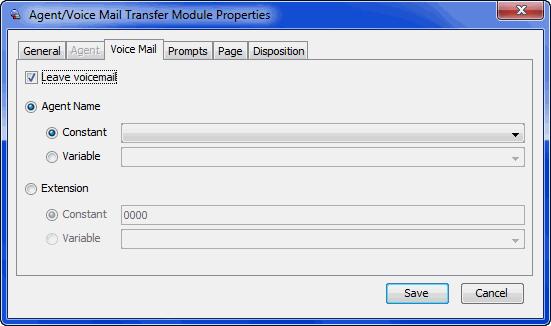 Agent/Voice Mail Transfer Module Options Agent Name Extension Transfer to any agent if specified one is unavailable Description Agent who receives the transfer after the maximum queue time expires: