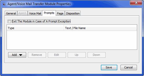 Agent/Voice Mail Transfer Module Options Agent Name Extension Description Voice mailbox to receive the transfer after the maximum queue time expires: Constant: List of your agents.