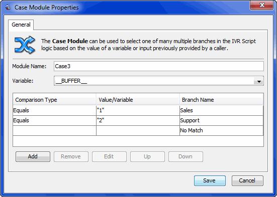 Chapter 7 Case Module The Case module enables you to create as many branches as you need to handle all the possible user input or the information contained in a variable.