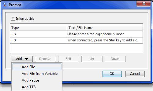 Conference Module Options Prompt Description Default prompt comprising two TTS prompts. You can add prompts from a file, a variable, or the TTS builder.