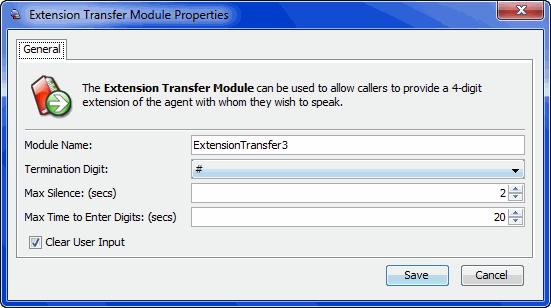 Chapter 10 Extension Transfer Module The Extension Transfer module transfers a call to an agent after the caller enters a fourdigit extension.