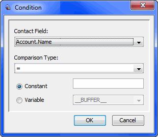 Lookup Contact Record Module Options Description Condition window Contact field: In the expression, left variable to be compared with a constant or another variable. List of your contact fields.