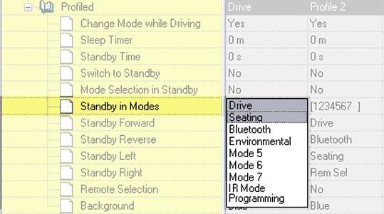 Example, if Standby is required in Drive and Seating Modes, the following selections should apply. When the drop down menu is closed, it would appear as below.