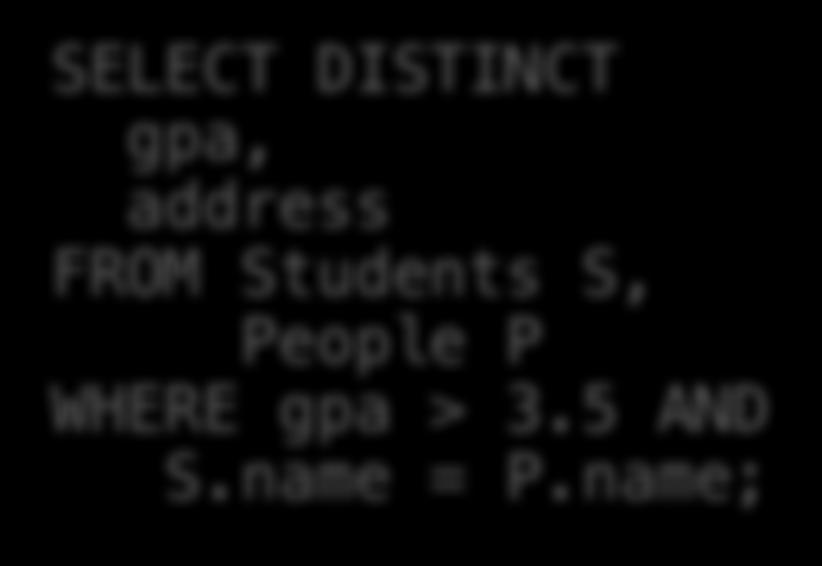 Students S, People P WHERE gpa > 3.5 AND S.name = P.