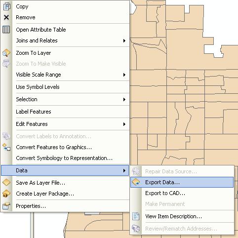 To Export/Save your joined data sets to a new data layer: Right click on demographics.shp in the TOC Left click on Data Left click on Export Data and save the joined file to your data drive.