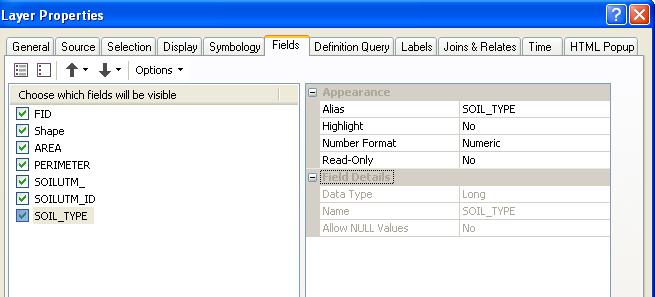 Let s examine the key or join column in the target table. Do this by a right click on soils.shp file in the Table of Contents window, then left clicking on Properties > Fields tab.