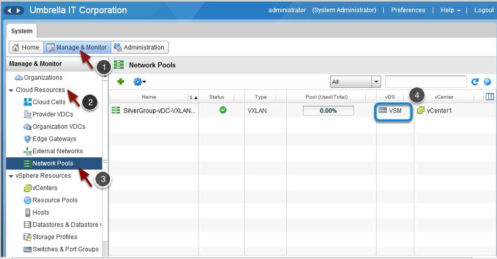 Verify Network Pool provider VSM Navigate to Manage & Monitor > Cloud Resources> Network Pools.
