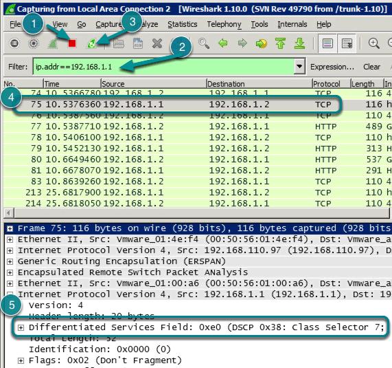 Verify QOS with Wireshark packet capture 1. Stop Capture if running from previous steps. 2. Select filter in drop-down to ip.addr==192.168.1.1 3. Start Capture 4. Select a packet with a source of 192.