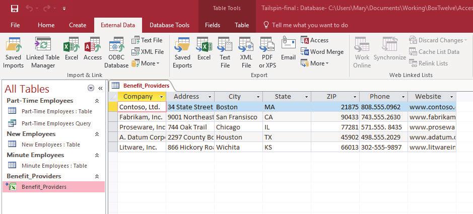 16. CLOSE Excel. Importing and Exporting Data 267 17. In the Navigation Pane of Access, double-click Benefit_Providers to open the linked table.