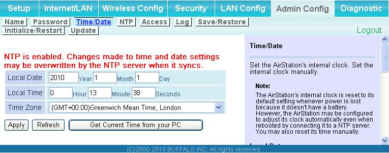 Chapter 4 Configuration Time/Date Configure the AirStation s internal clock here.