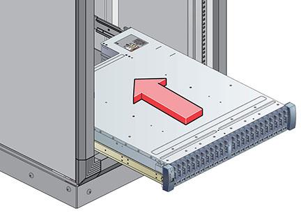 Installing a DE2-24P Disk Shelf 4. Using a mechanical lift or two people, one at each side of the disk shelf, carefully lift and rest the shelf on the bottom ledge of the left and right rails.