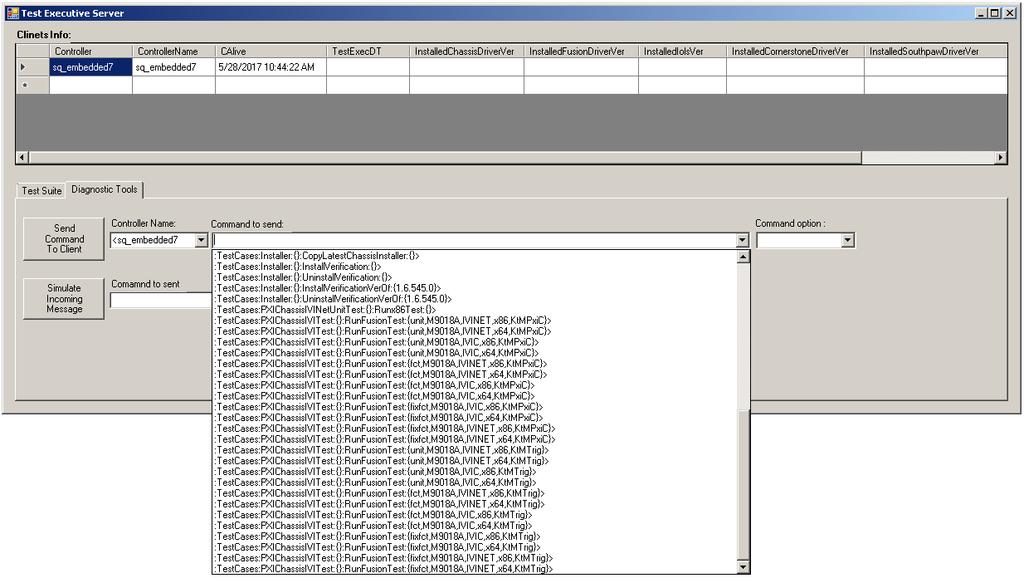 Figure 3-3 shows the diagnostic tool on the second tab bottom of Test Executive server. The main function in this tab is to manually send individual command to dedicated client.