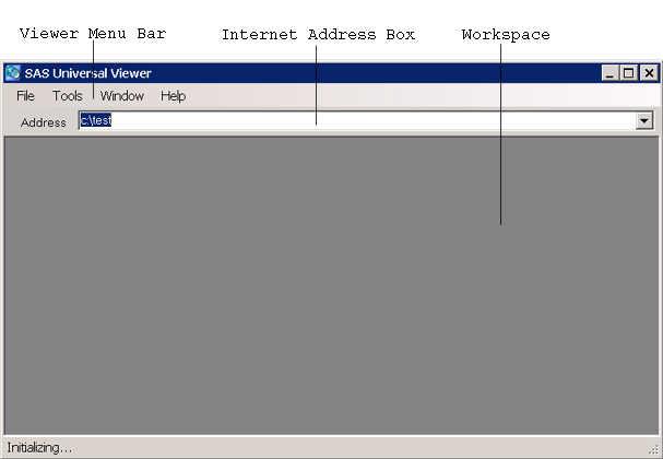 8 Chapter 2 SAS Universal Viewer Interface SAS Universal Viewer Main Window The Main Window When you invoke SAS Universal Viewer, a window appears that shows the name of the product and the release.