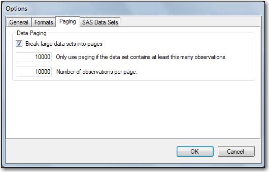 14 Chapter 2 SAS Universal Viewer Interface To view the data set as a series of pages, select Tools ð Options ð Paging. The following window appears: Figure 2.