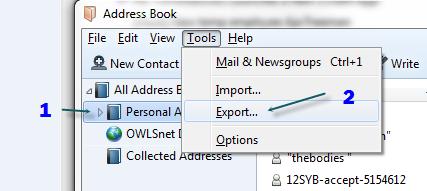 In the Address Book, click on Personal Address Book and then select Export from the