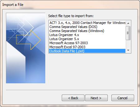 PST Admin for Outlook 2013 8 5. Select Import from another program or file and then click [Next]. The next wizard dialog, Import a File, displays: 6. Select Outlook Data File (.pst) and click [Next].