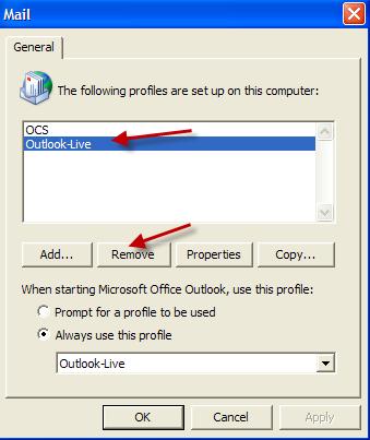 49. The Mail configuration box appears. It shows both the OCS profile and the new Outlook-Live profile.