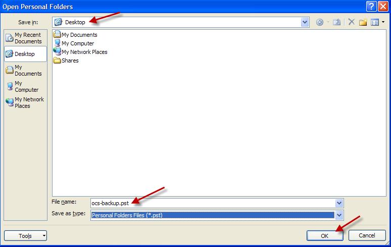 7. Select the Desktop and name the file ocs-backup.pst. Click Ok. 8.