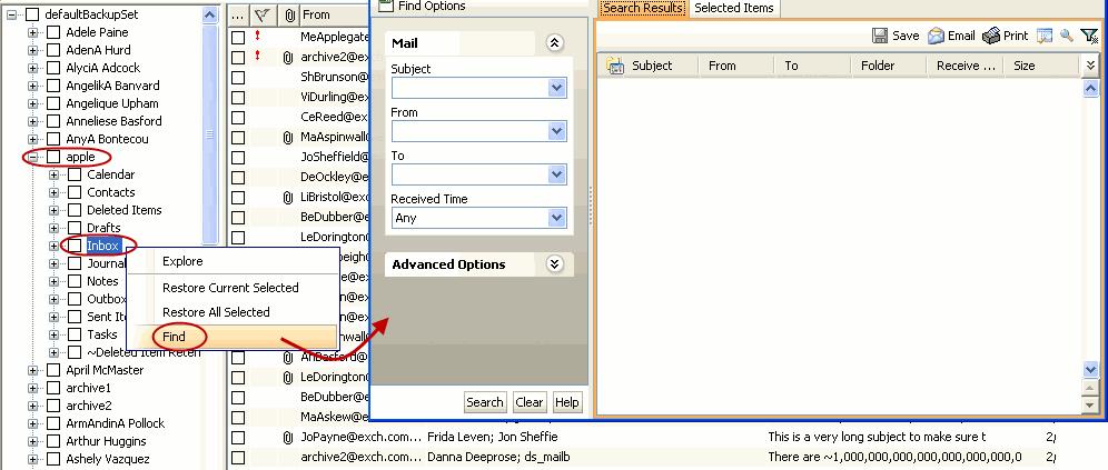 Page 152 of 245 Mailbox Archiver. 2. Right-click ArchiveSet or Subclient, point to All Tasks and then click Find. 3. Click Advanced Options to expand and display the fields. 4.