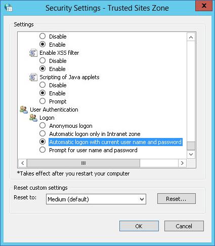 3. Under Logon, select Automatic logon with current user name and password, and