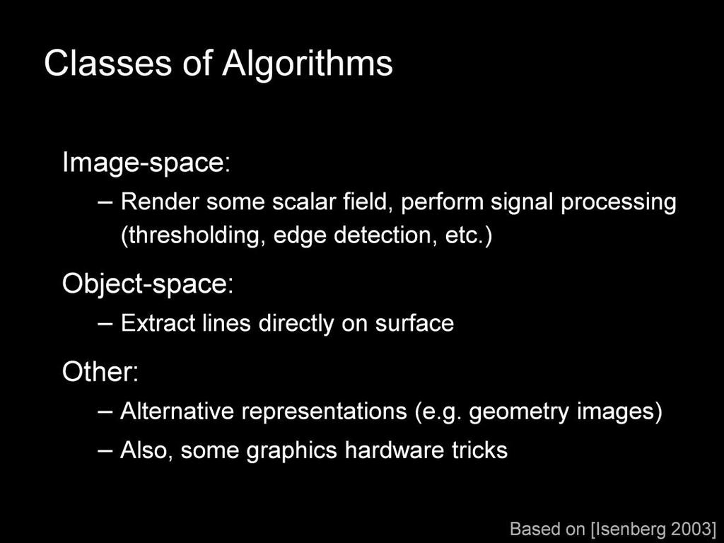 There are two major classes of algorithms for extracting most kinds of lines from 3D meshes.