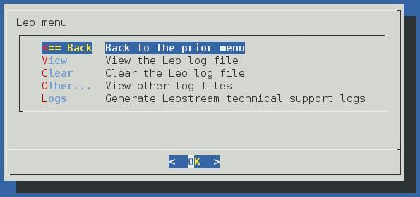 Chapter 2: Using the Administration Menu Log Options Selecting Log from the Main menu opens the Leo menu, shown in the following figure.