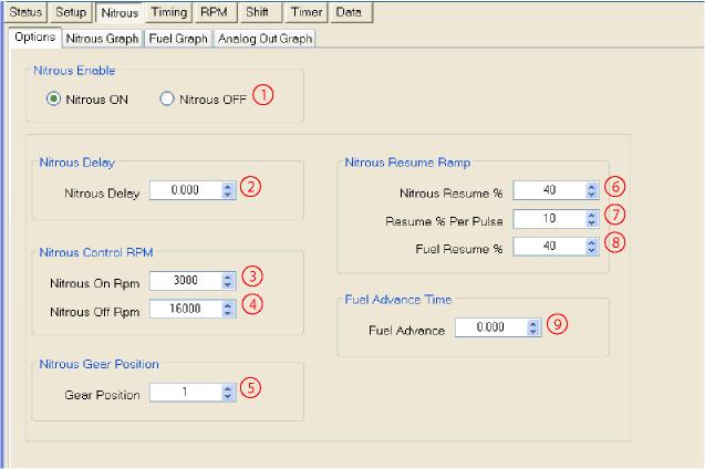 16 open position. Valid Range is 0.00 to 5.00 volts in.01 volt increments. 3.3 Nitrous Options Nitrous Graph Fuel Graph Analog Out Graph 3.3.1 Options Nitrous Enable 1 - Nitrous System Enable, Use this setting to turn the Nitrous system ON or OFF.