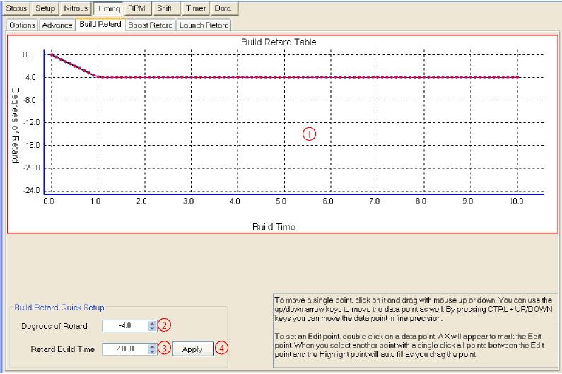 User Settings (Tab Control) 3.4.3 23 Build Retard Build Retard Setup 1 - Build Retard Graph, The Build Retard is applied over time when the Progressive Nitrous begins.