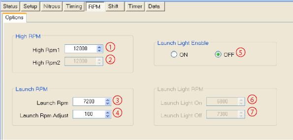 26 3.5.1 Options High RPM 1 - High Rpm1, this setting determines the High RPM rev limiter. An optional HighRpm2 setting is also available and can be turned ON from the Setup Menu.