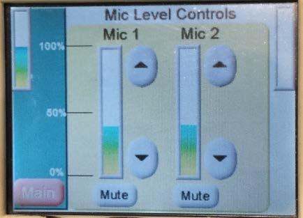 The following screen will display: All Mics controls Mic 1 controls Mic 2 controls To adjust the overall sound of the mics, use the Speech control buttons to the left of the touchscreen.